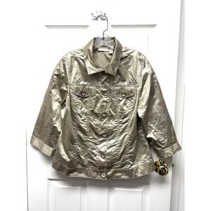 Chico’s Metallic Champagne Cropped Jacket Button Front Y2K Retro Size 12 14